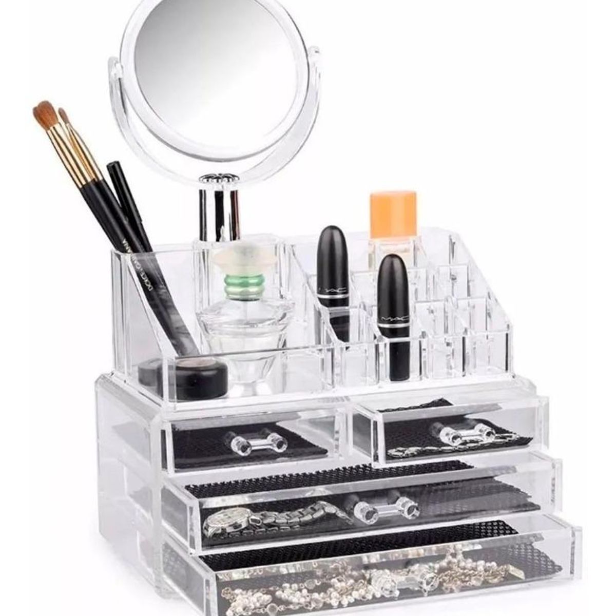 GENERICO - Organizador Acrílico con Espejo y Múltiples Compartimentos