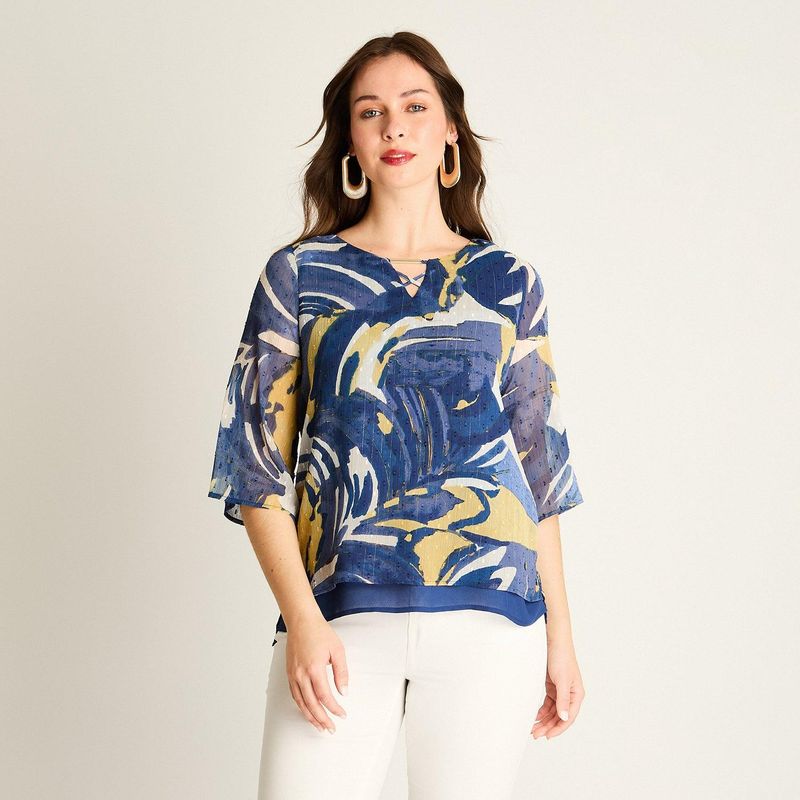 LORENZO DI PONTTI - Blusa Azul Estampada con Capas