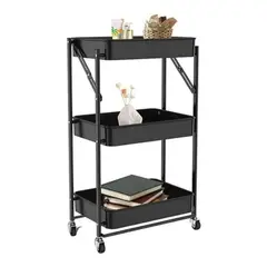 GENERICO - Canasto Metálico Multiusos Negro de 3 Niveles con Ruedas