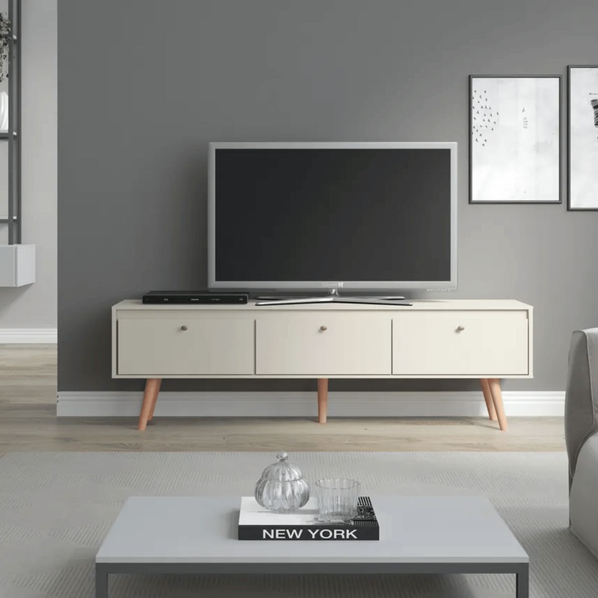 EXIT - Rack TV hasta 70 pulgadas, Memphis color blanco 160x59x365 cm