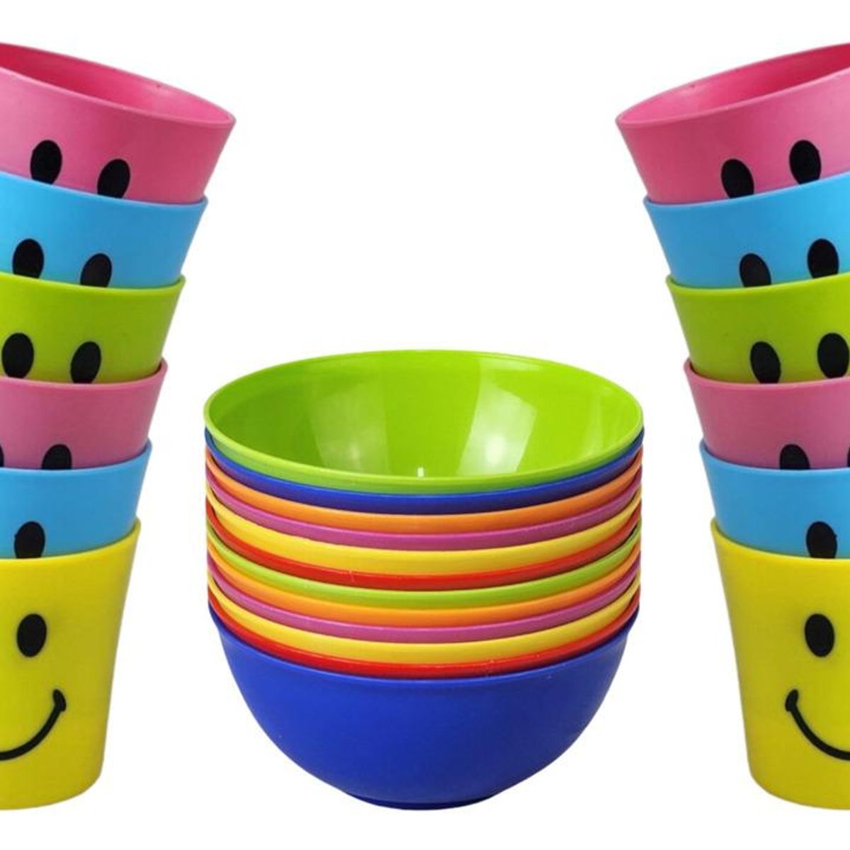 GENERICO - Pack Colorido de 12 Bowls y Vasos con Carita Feliz