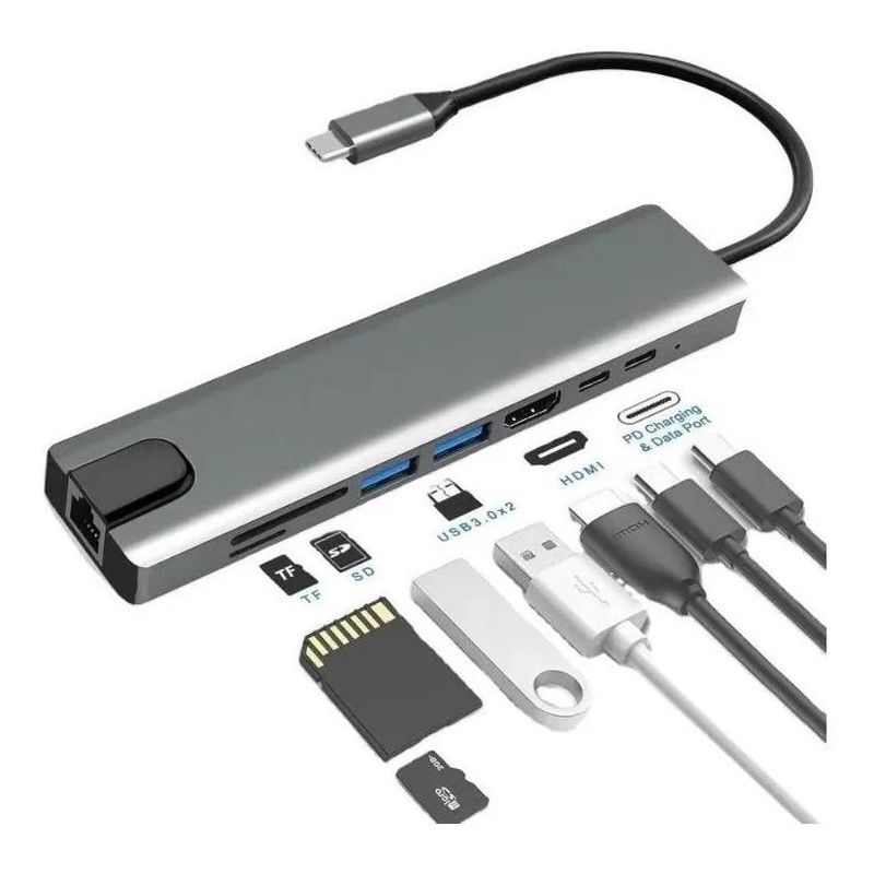 GENERICO - Hub Adaptador USB-C 8 en 1 con Salida 4K y Ethernet