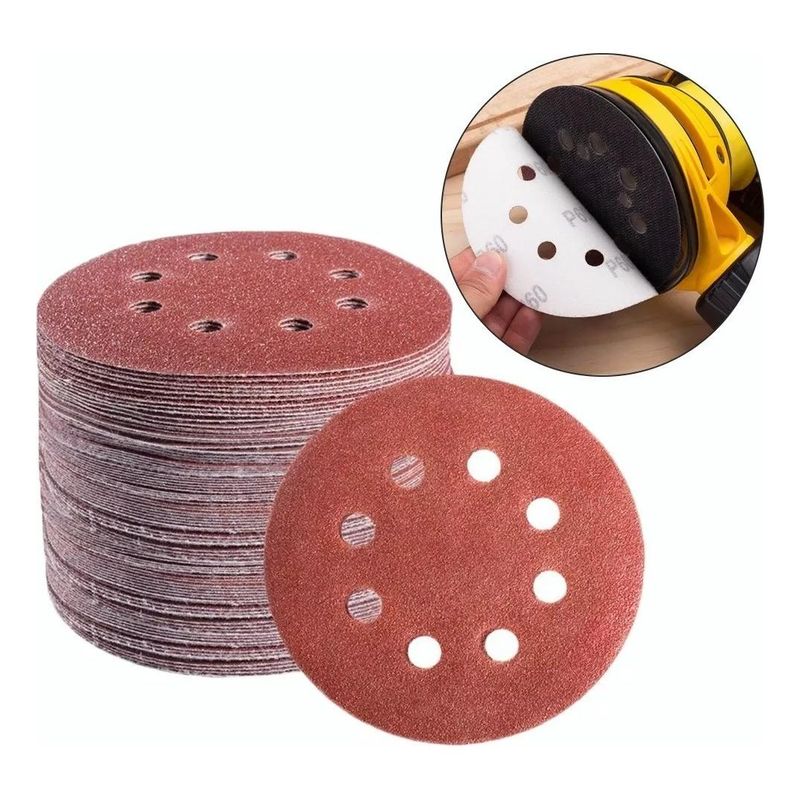 GENERICO - Set de 100 Discos de Lija de 5 Pulgadas con Velcro 8 Agujeros