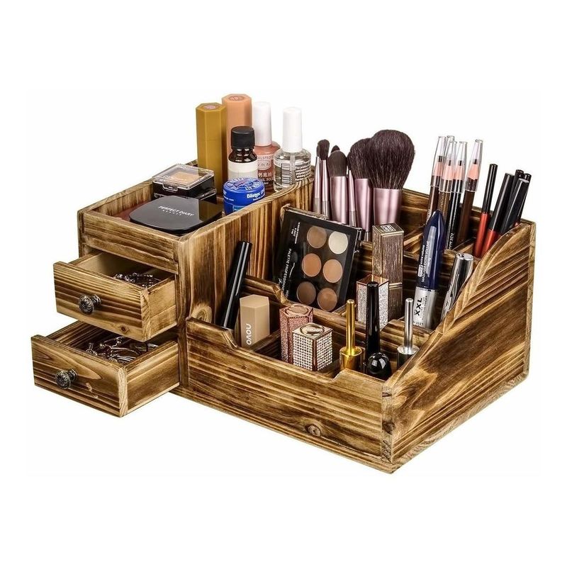 GENERICO - Organizador de Maquillaje de Madera Rústica para Cosméticos