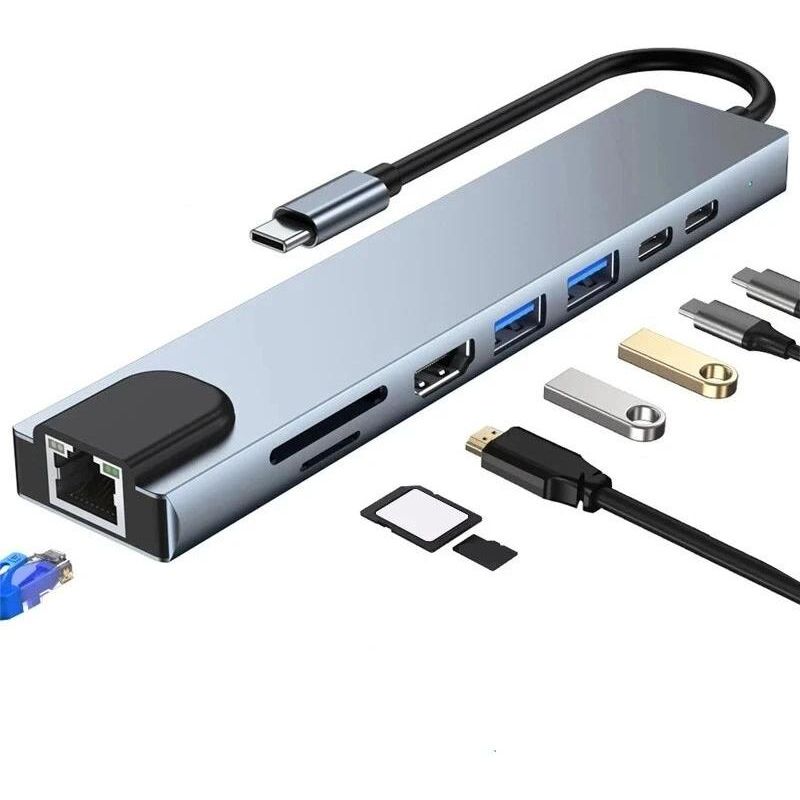 GENERICO - Adaptador USB-C 8 en 1 con HDMI SD TF y RJ45