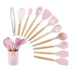 GENERICO - Set de 12 Utensilios de Cocina en Silicona y Madera