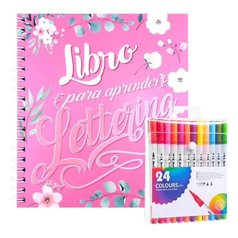 GENERICO - Libro de Lettering con 24 Plumones Doble Punta Coloridos
