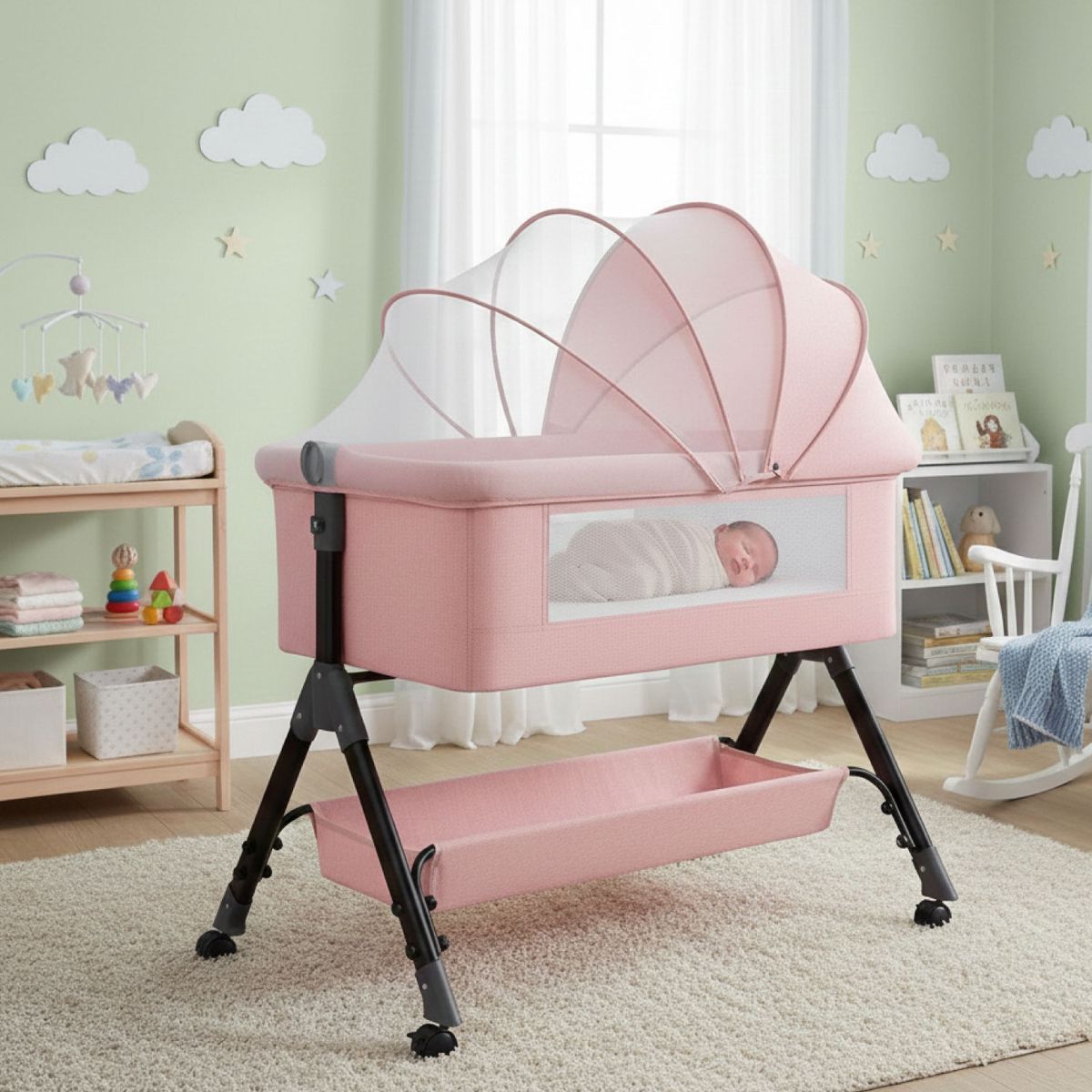 MON PETIT - Cuna Colecho Moises Bebe Altura Regulable Safe&soft Rosado