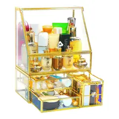 GENERICO - Caja Organizer de Maquillaje Acrílico y Cristal Dorado