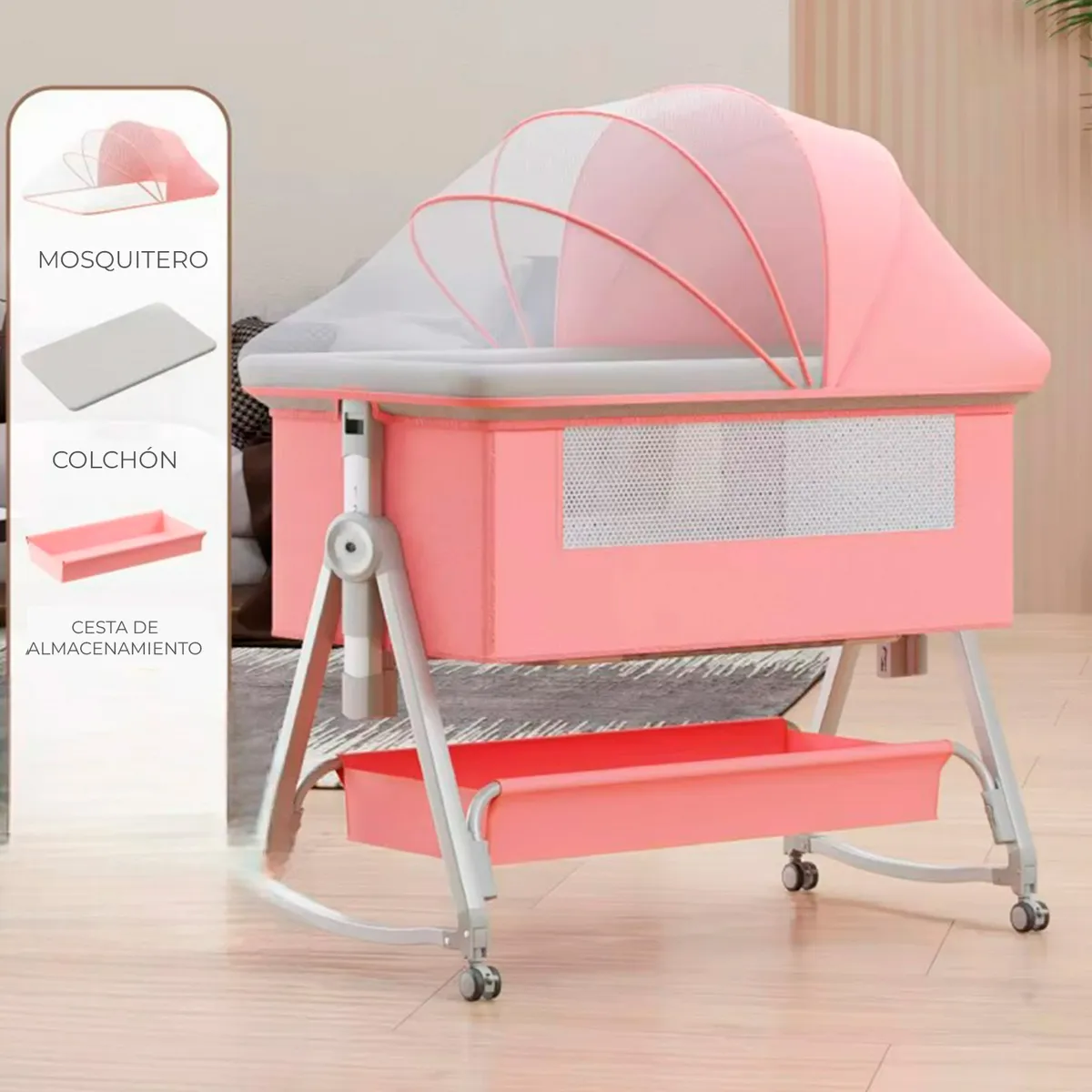 MUNDO ONLINE - Cuna Colecho Moises Bebe Mecedora 6 Alturas  Safe&soft rosado