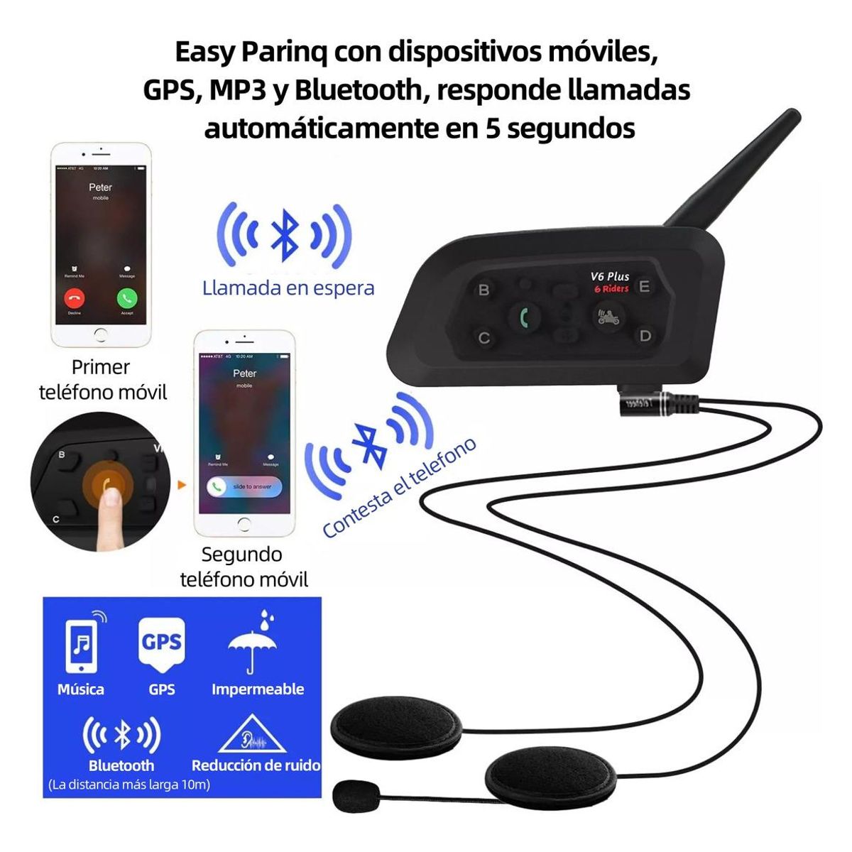 GENERICO - Intercomunicador Bluetooth V6 Plus para Motores hasta 1500m