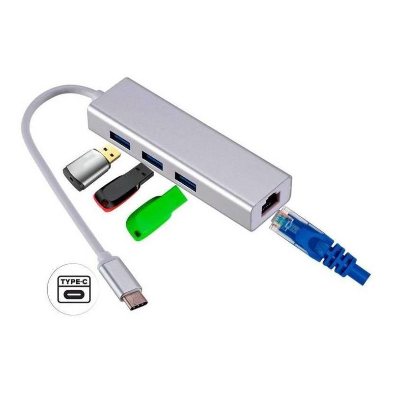 GENERICO - Adaptador HUB USB-C con 3 Puertos y Ethernet RJ45