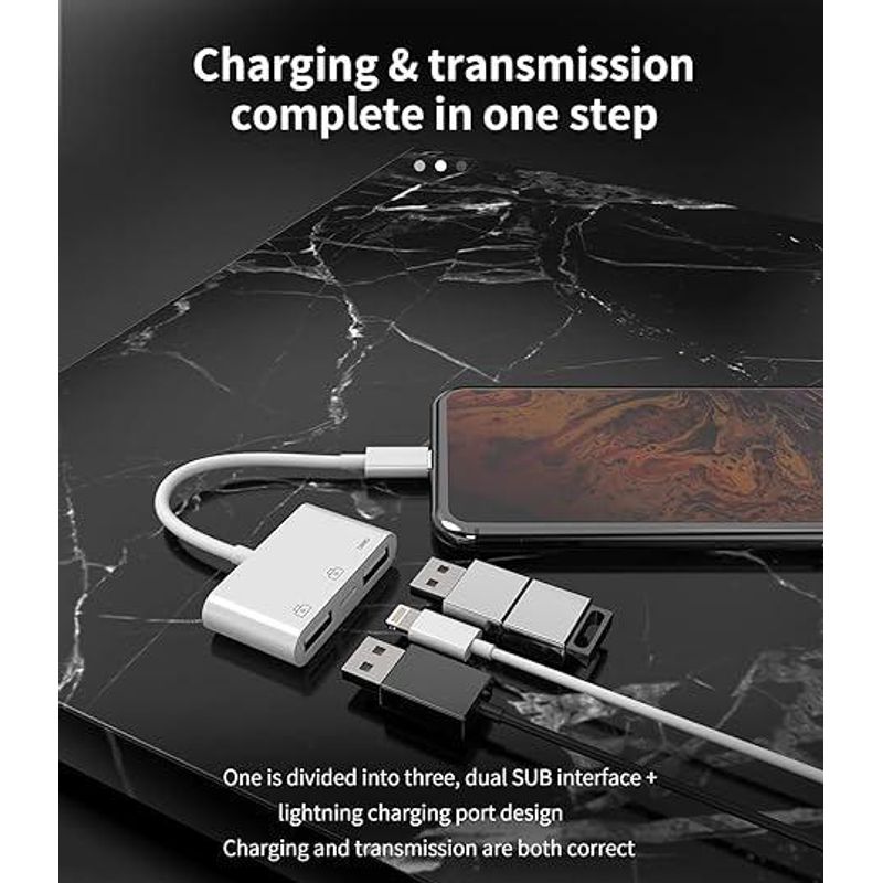 GENERICO - Adaptador USB 3 en 1 para iPhone y iPad con carga simultánea