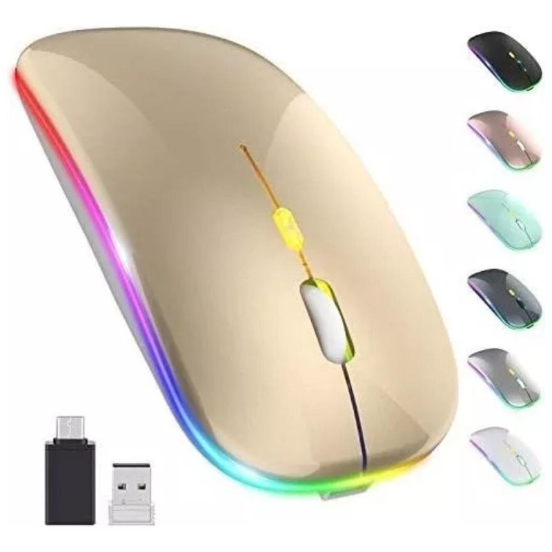 GENERICO - Mouse Inalámbrico Recargable RGB Dorado 7 Colores