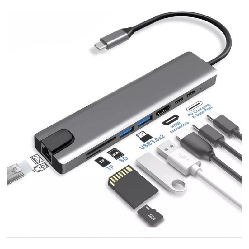 GENERICO - Adaptador 8 en 1 USB Tipo C con HDMI y Ethernet 4K