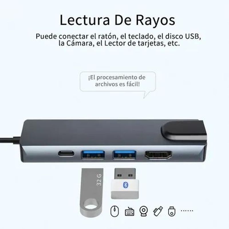 GENERICO - Hub USB-C 5 en 1 HDMI 2xUSB 30 Ethernet y fácil conexión