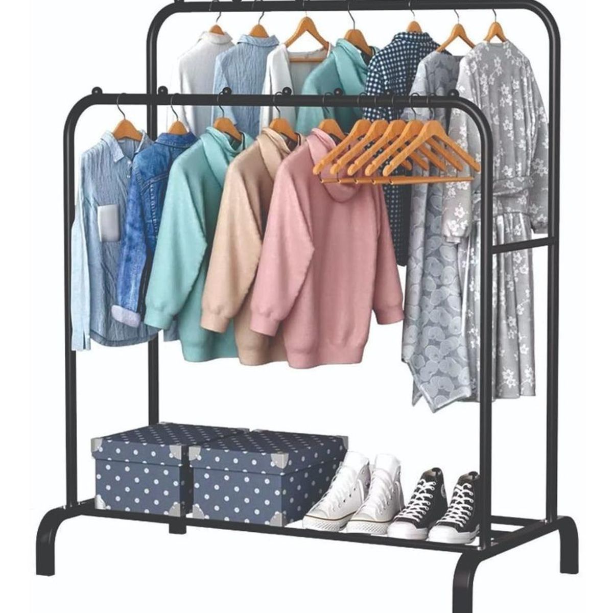 GENERICO - Perchero Doble de Metal Negro con Estante y Barras Resistentes