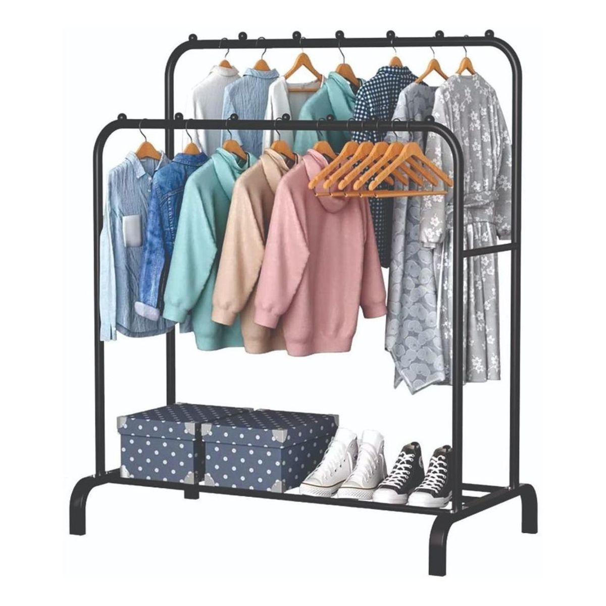 GENERICO - Perchero Doble de Metal Negro con Estante y Barras Resistentes