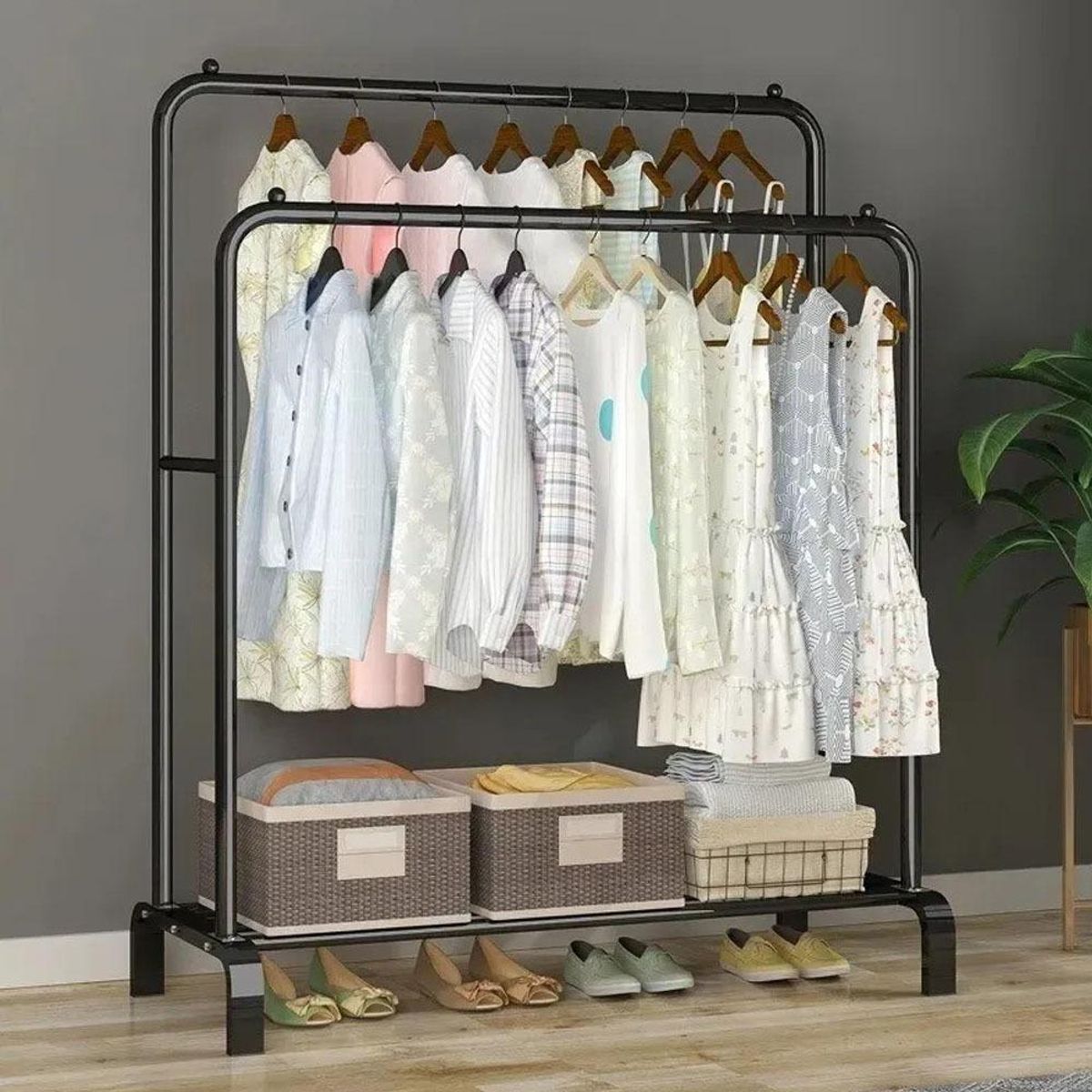 GENERICO - Perchero Doble de Metal Negro con Estante y Barras Resistentes