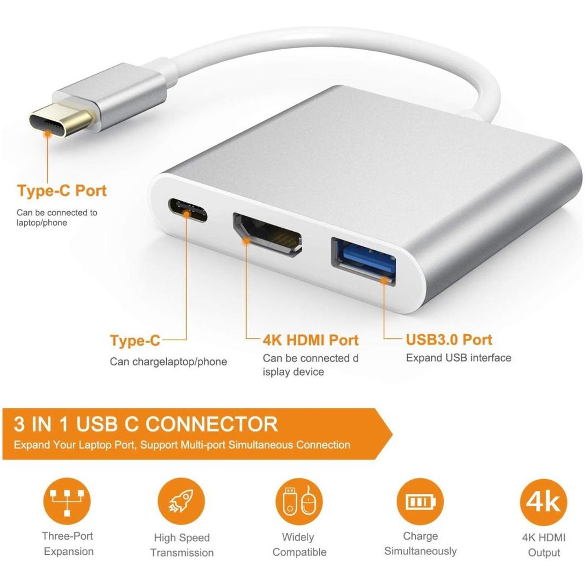 GENERICO - Adaptador 3 en 1 USB-C a HDMI 4K y USB 30 para dispositivos
