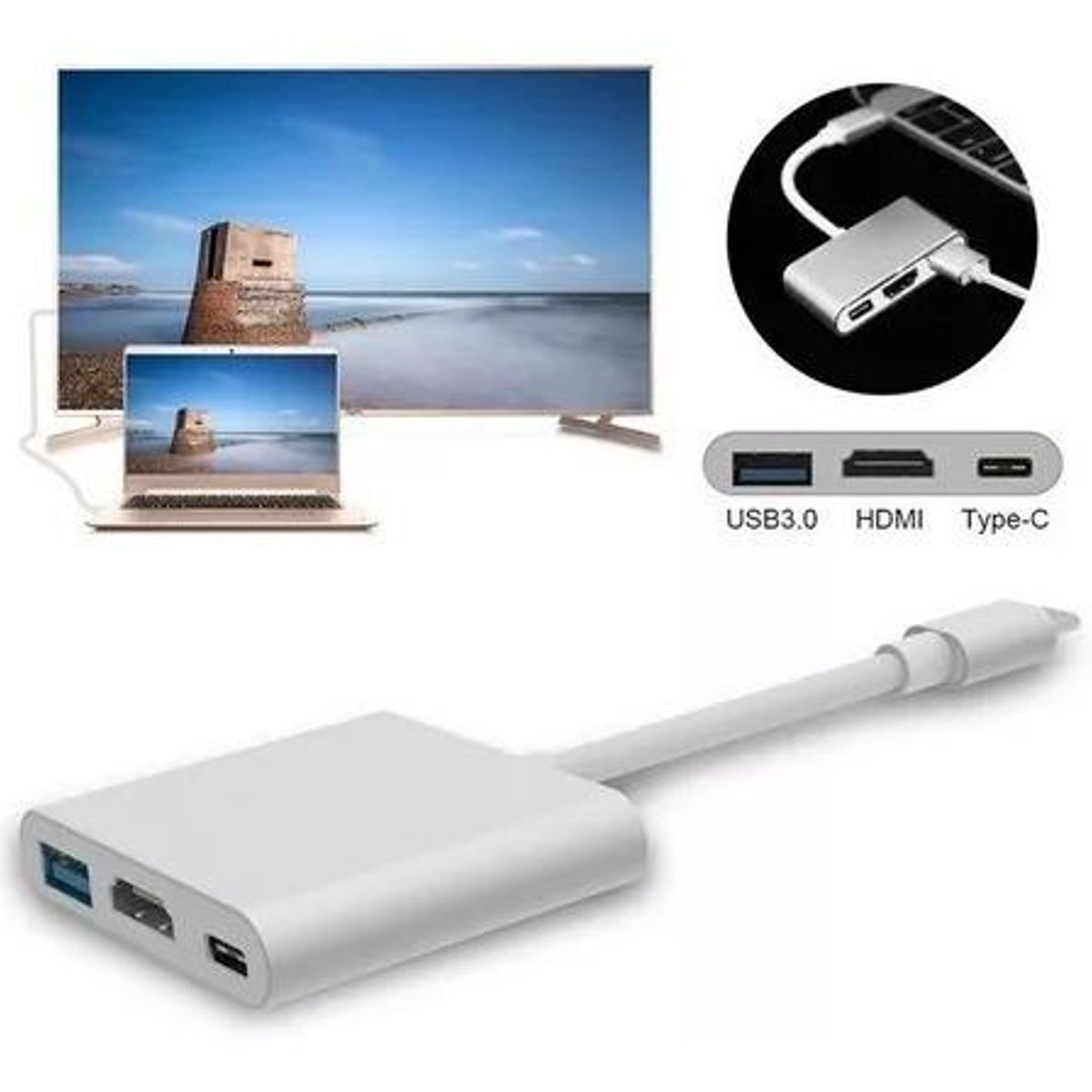 GENERICO - Adaptador 3 en 1 HDMI a Type-C y USB 30 25 cm 4K UHD