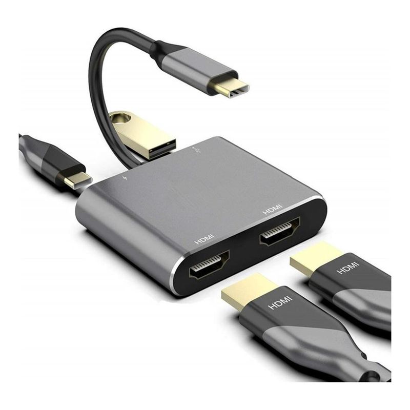 GENERICO - Adaptador USB-C 4 en 1 con Dual HDMI y carga rápida 60W