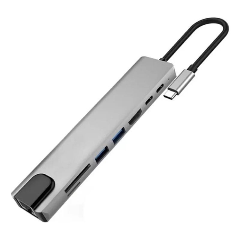 GENERICO - Adaptador 8 en 1 USB-C con HDMI 4K SD Ethernet y más
