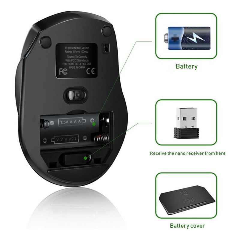 GENERICO - Mouse Inalámbrico Óptico 6 Botones 1600 DPI Ergonomía Ideal