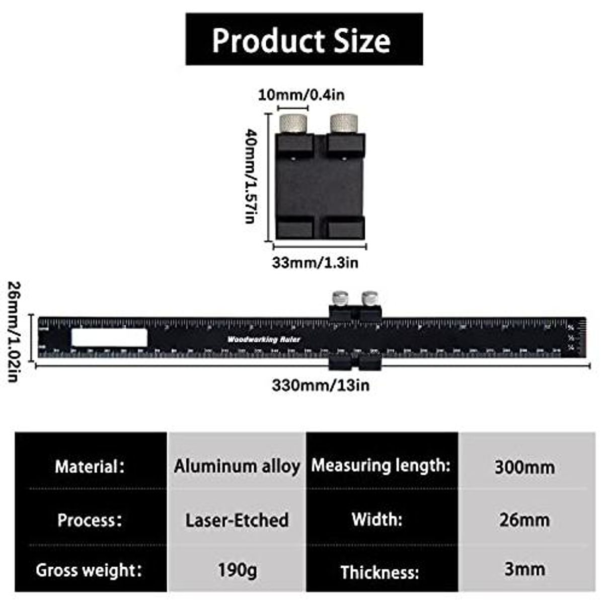 GENERICO - Regla de Metal Negra de 12 Pulgadas con Topes Deslizantes