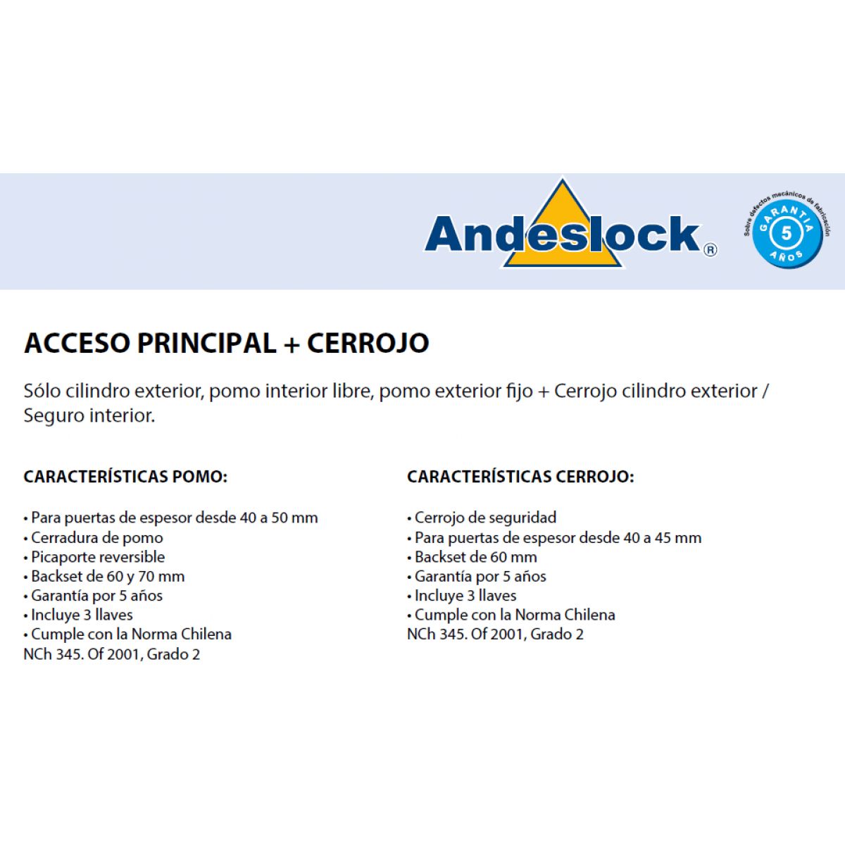 ANDESLOCK - Cerradura Combo Acceso Principal Cerrojo Llave Andes Look