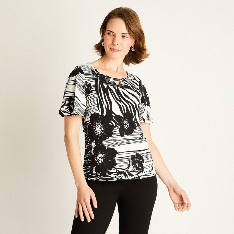 LORENZO DI PONTTI - Polera Negra Estampada Manga Corta