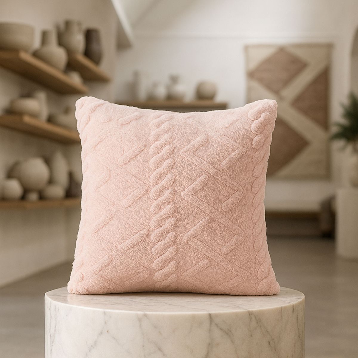 ARMONIA - Funda cojín pelo trenzado rosa suave 45x45 decoración 758