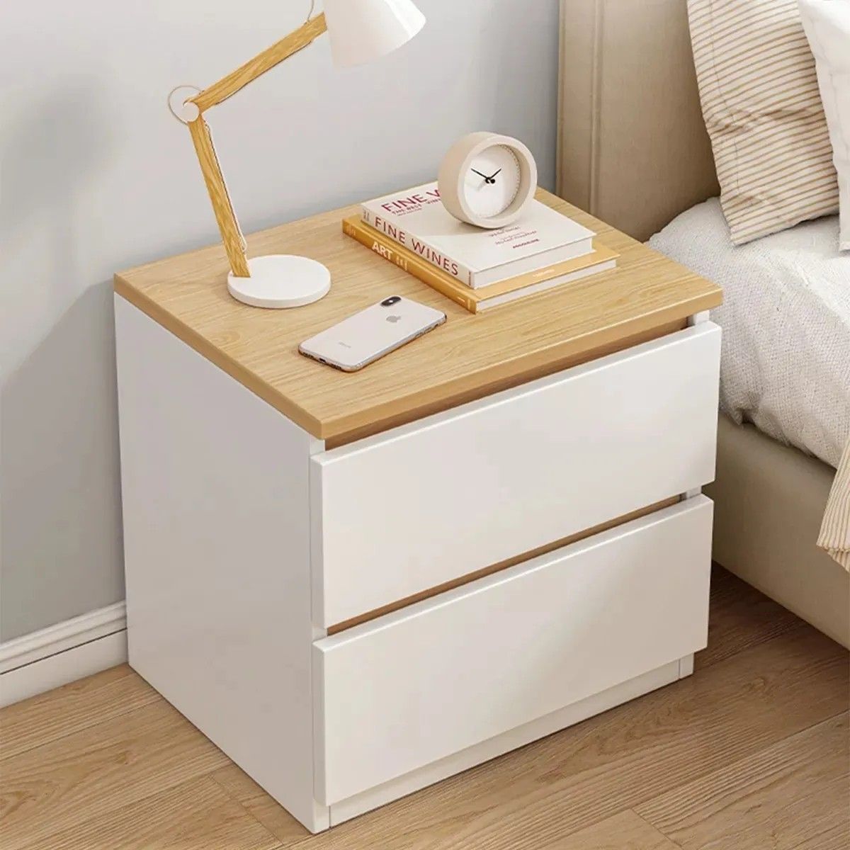 MUNDO MAGIA - Velador Doble Cajón Estilo Nórdico 41x30x32cm Color Blanco