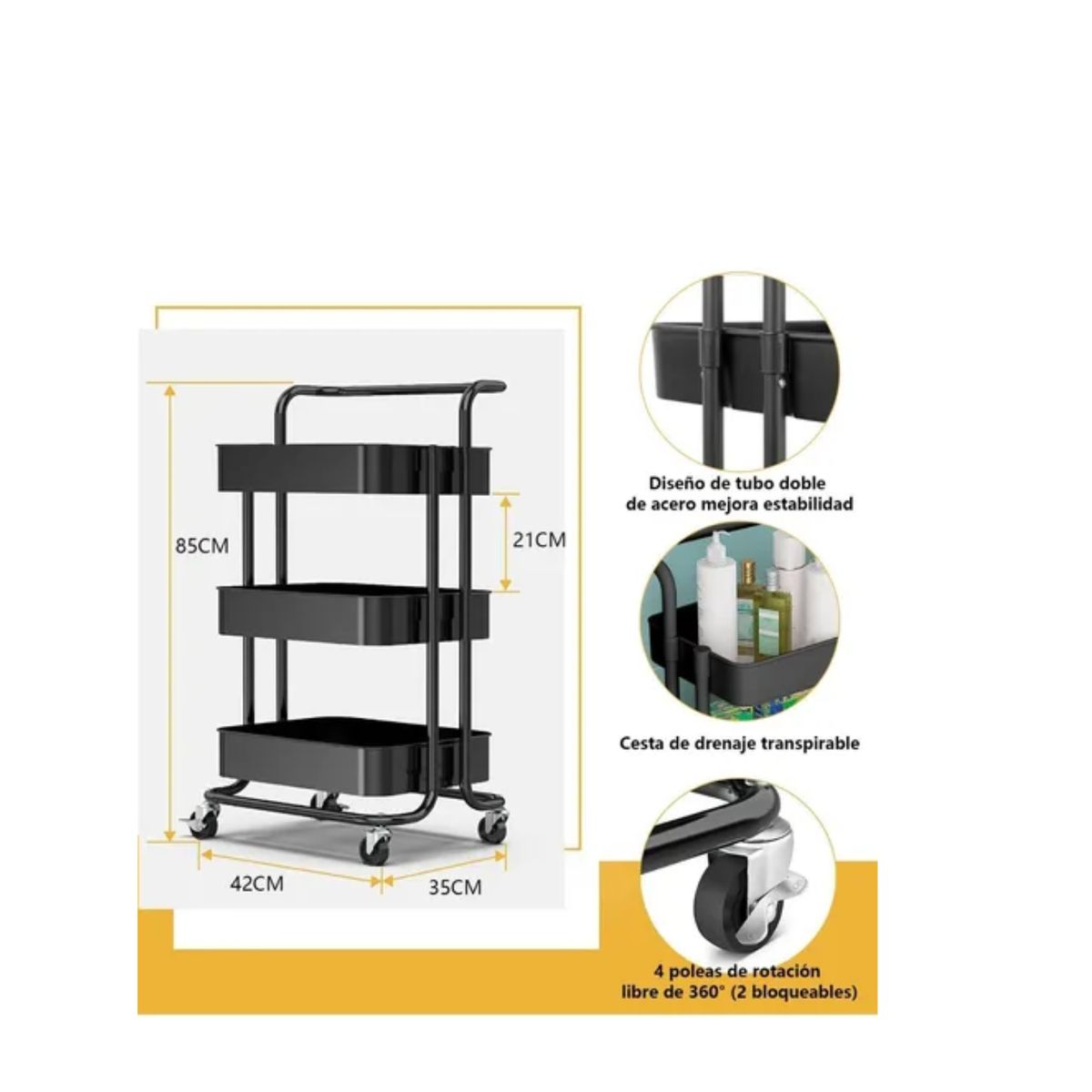 GENERICO - Carrito Organizador Carro Con Ruedas Asa Estante 3 Niveles Color Negro