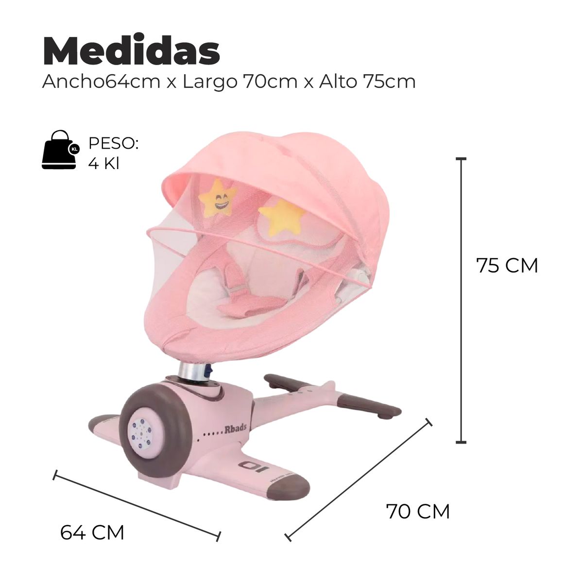MON PETIT - Silla Mecedora Eléctrica Bebe Avioncito SafeBaby Bluetooth Rosado