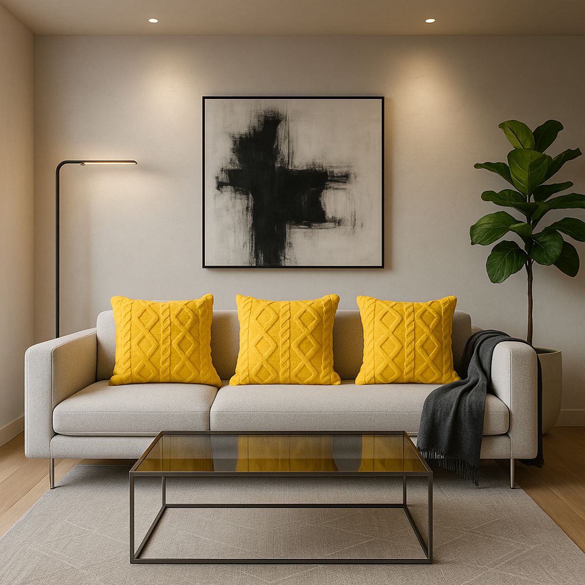 ARMONIA - Pack 3 fundas almohadón pelo trenzado amarillo textura suave hogar 758