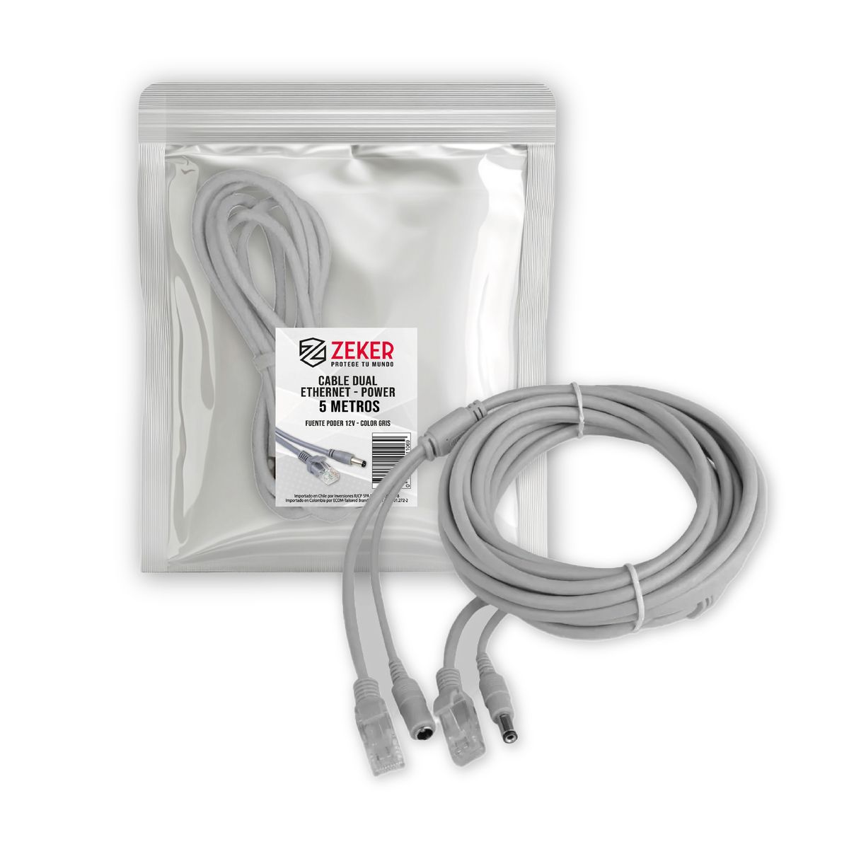 ZEKER - Cable Dual Camara Seguridad Zeker Extensor Poder Ethernet 5m.