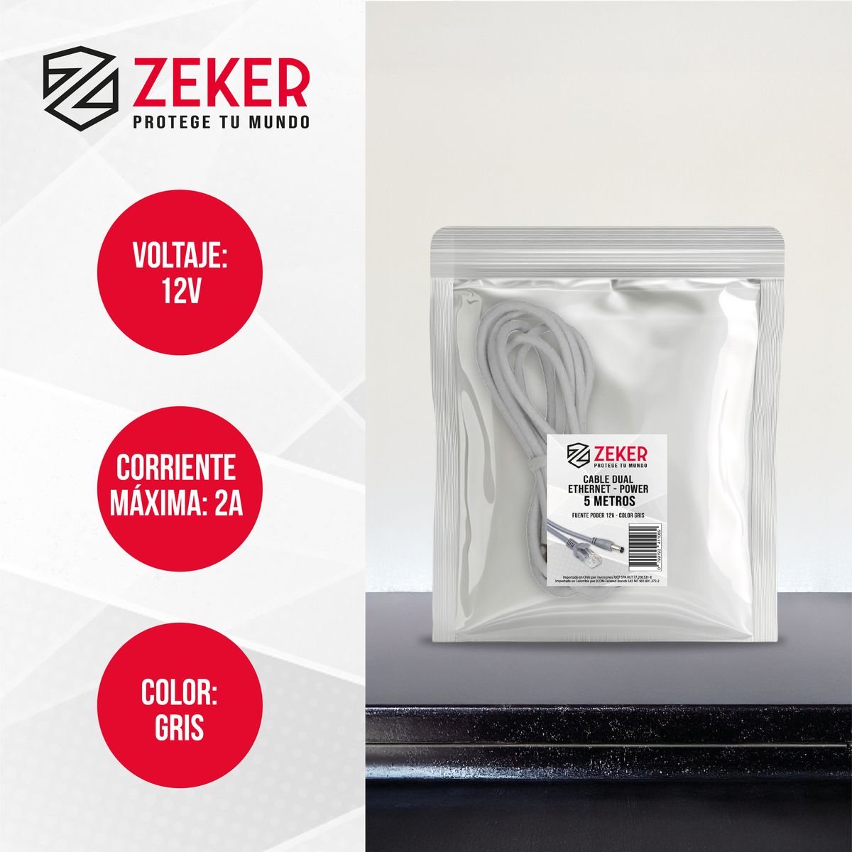 ZEKER - Cable Dual Camara Seguridad Zeker Extensor Poder Ethernet 5m.
