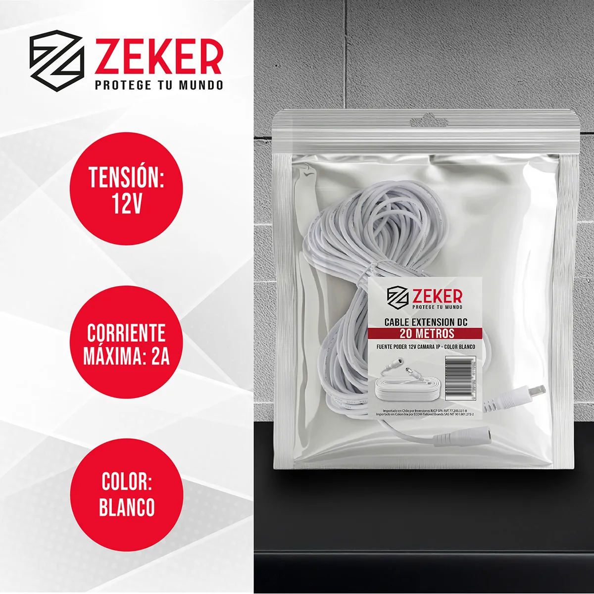 ZEKER - Cable Camara Seguridad Zeker Extensor Universal 20 Mts 12v