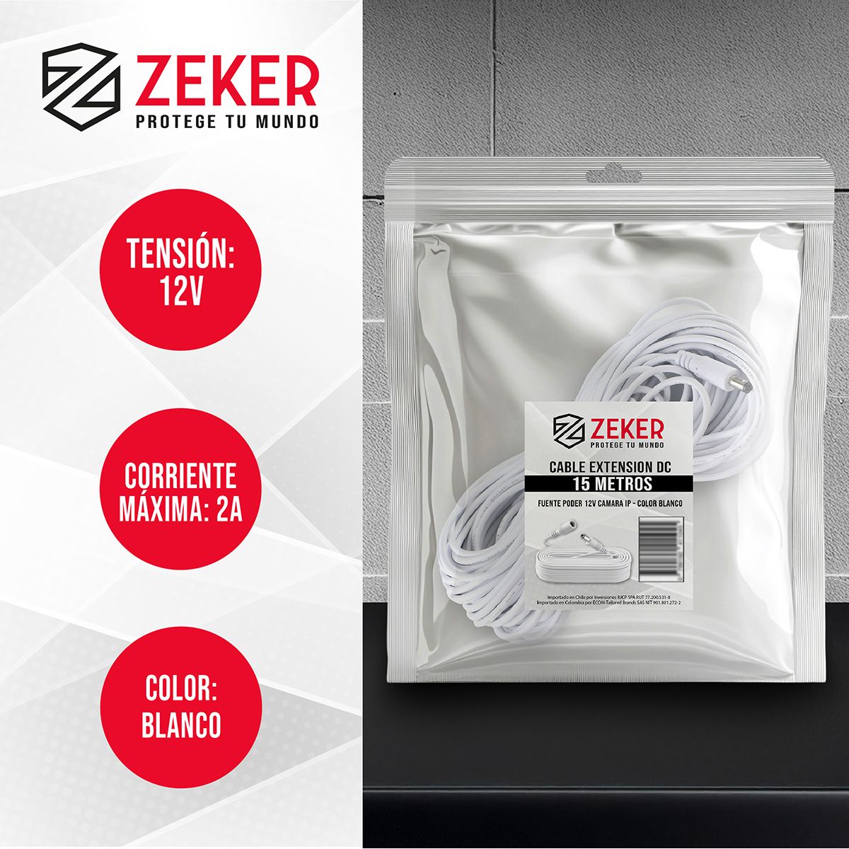 ZEKER - Cable Camara Seguridad Zeker Extensor Universal 15 Mts 12v.