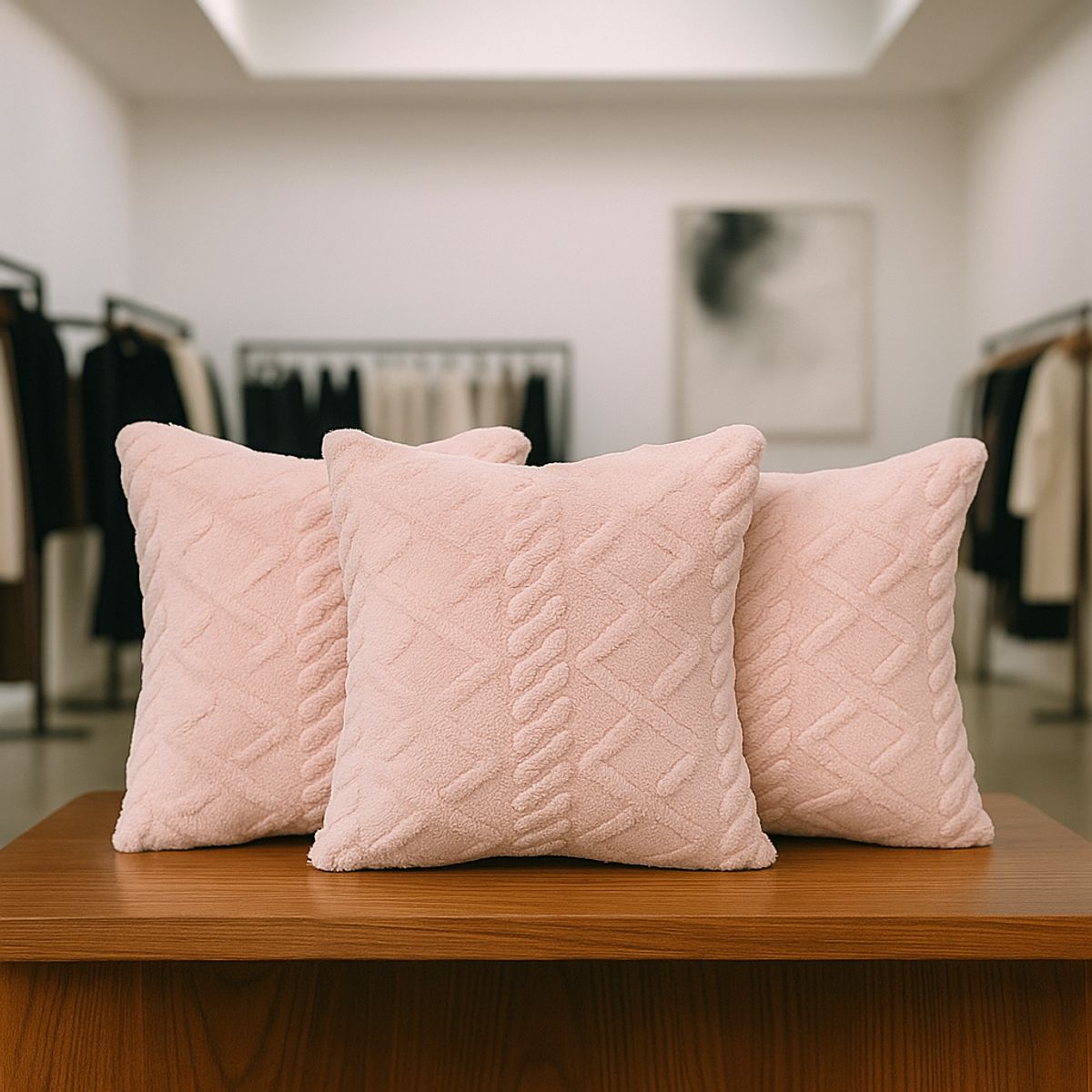 ARMONIA - Pack 3 fundas decorativas rosa pelo trenzado suave living Chile 758