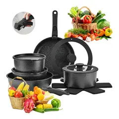 EVERSO - 15 Piezas Bateria De Cocina Granito Antiadherente NEGRO