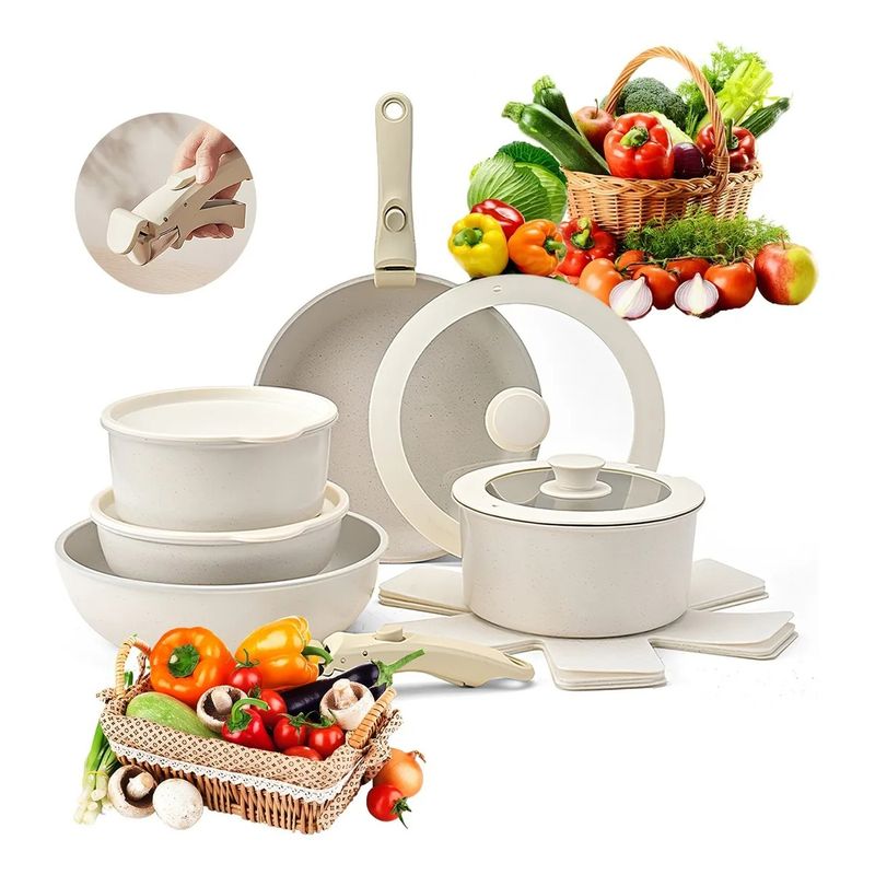 EVERSO - 15 Piezas Bateria De Cocina Granito Antiadherente BLANCO