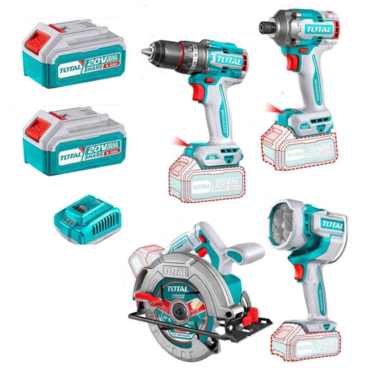 TOTAL TOOLS - Taladro+ Atornillador+ Sierra Circular+ Lampara 20v Total