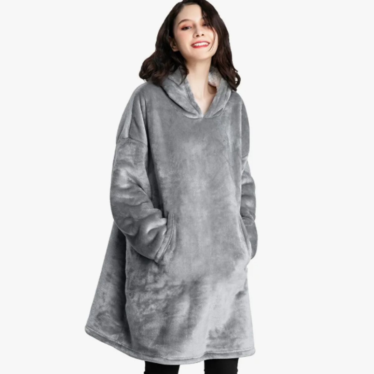 EVERSO - Poleron Felpa Con Capucha Manta Polar Bata Frazada GRIS