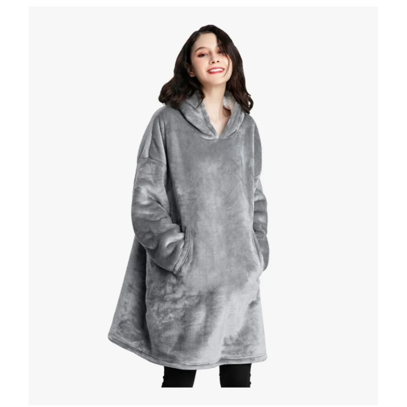 EVERSO - Poleron Felpa Con Capucha Manta Polar Bata Frazada GRIS