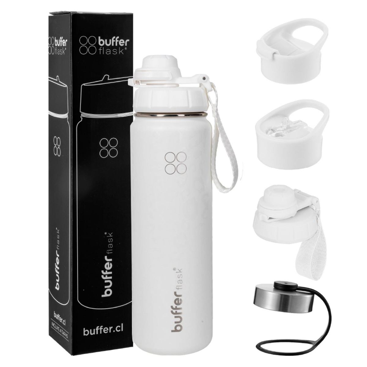 BUFFER FLASK - Termo Botella Agua Termica Acero Inox + Tapas - Blanco