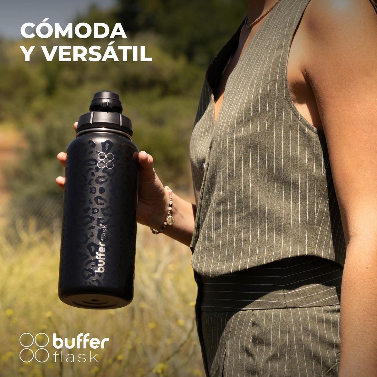 BUFFER FLASK - Termo Botella Agua Termica Acero Inox + Tapas - Gris oscuro