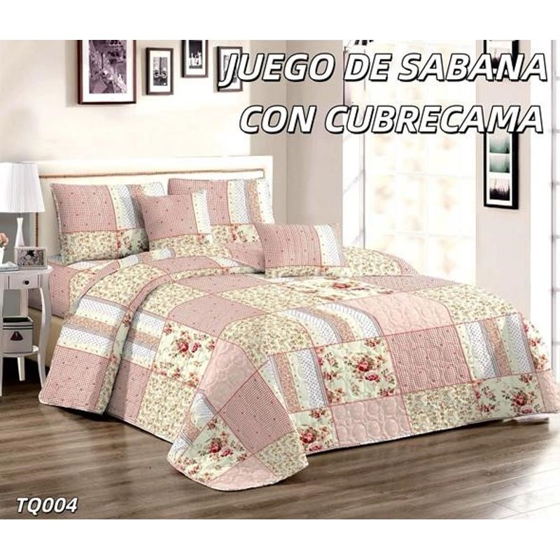 GENERICO - Cobertor tipo Quilt de Verano + Juego de Sabanas 2 plazas Floreado