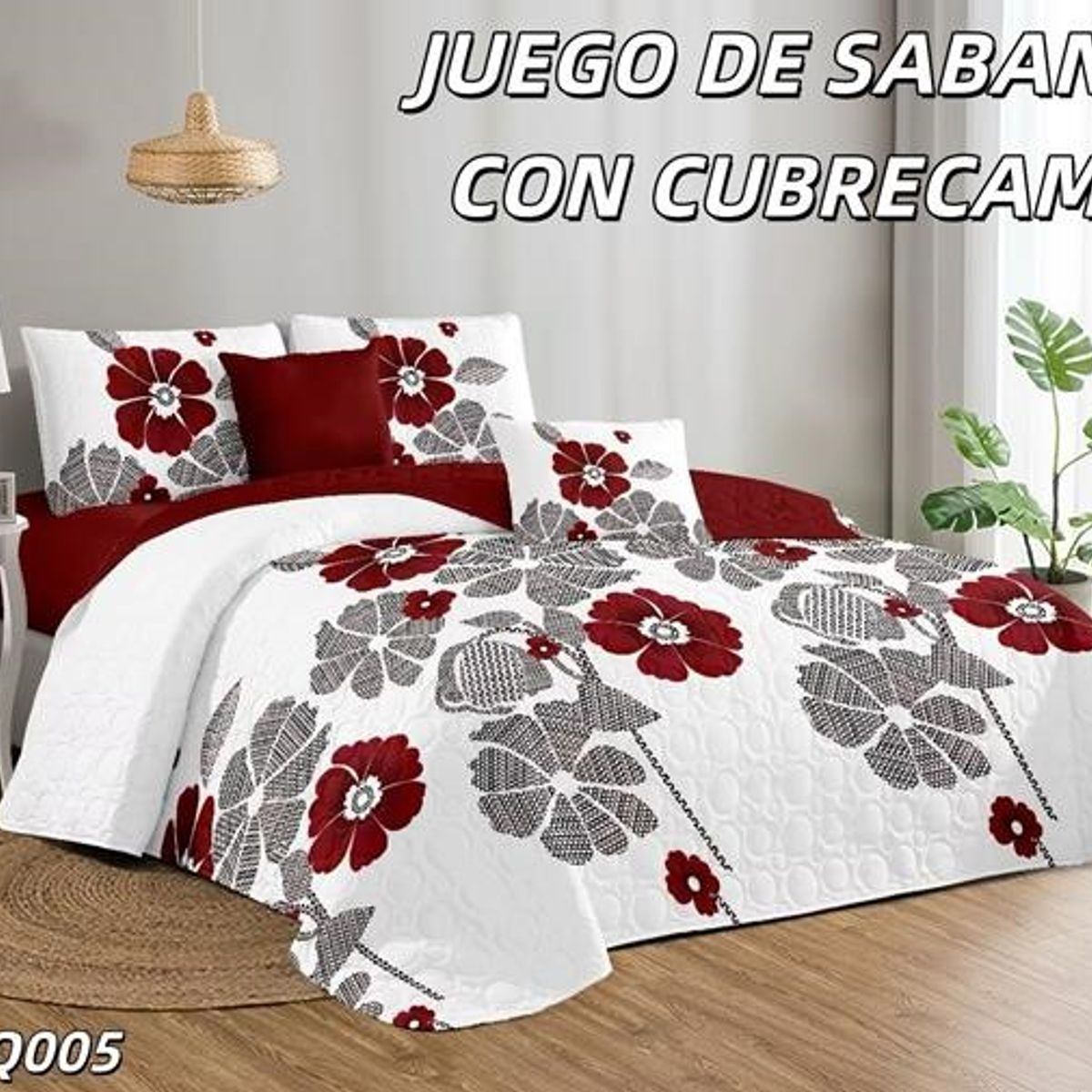GENERICO - Cobertor tipo Quilt de Verano + Juego de Sabanas 2 plazas Rojo Flores